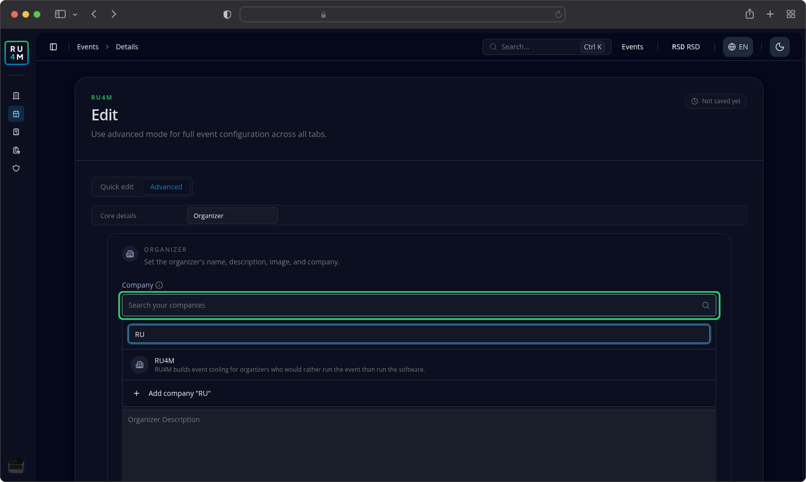 The Organizer tab with the Company search open, RU typed, the RU4M company listed and an Add company "RU" row below