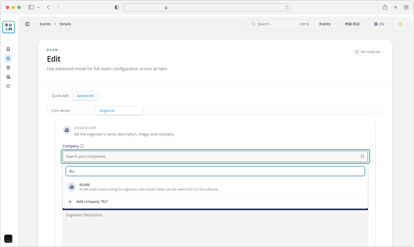 The Organizer tab with the Company search open, RU typed, the RU4M company listed and an Add company "RU" row below